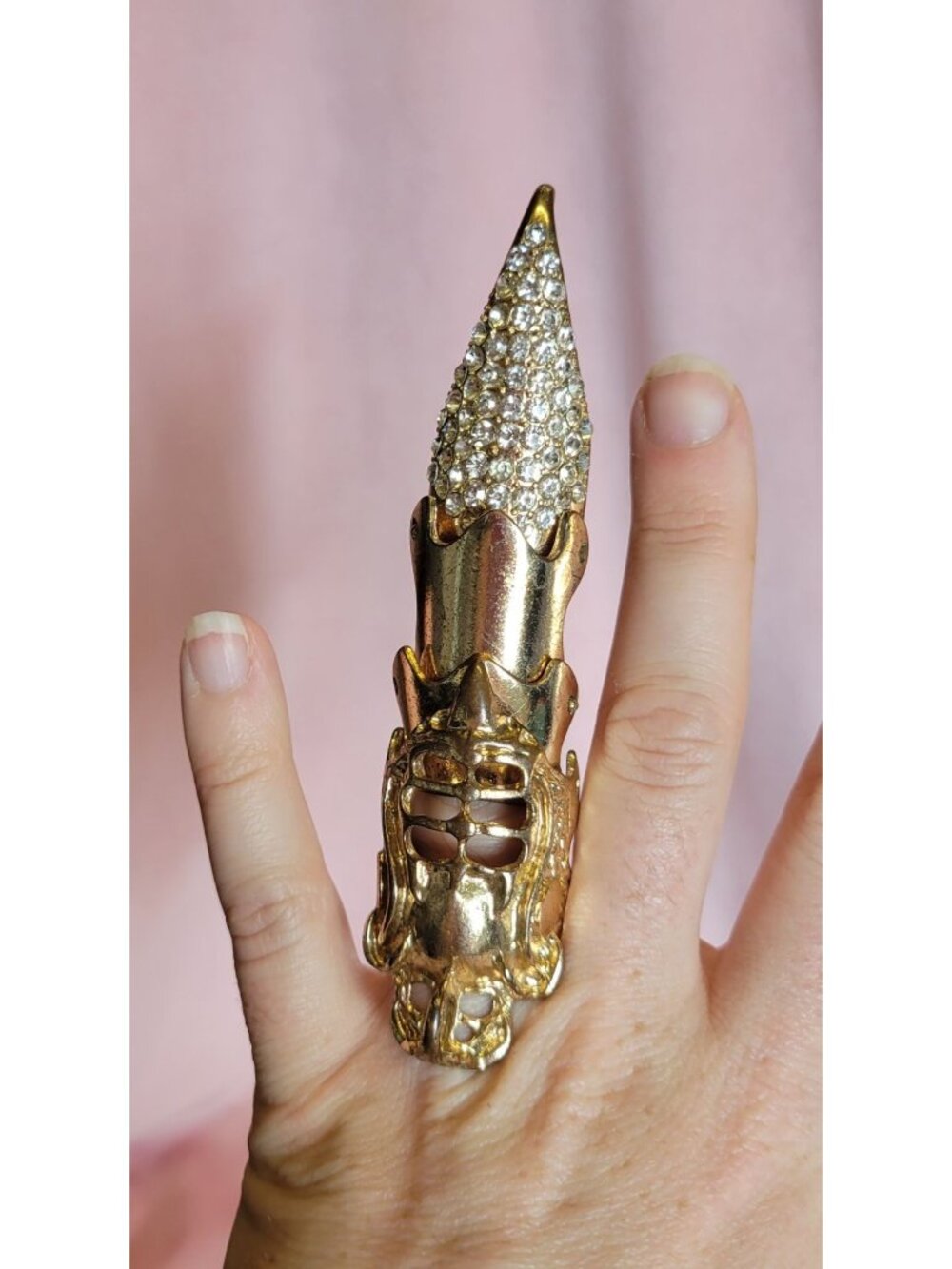 Gold Tone Rhinestone Full Finger Claw Medieval Style Costume Ring R1